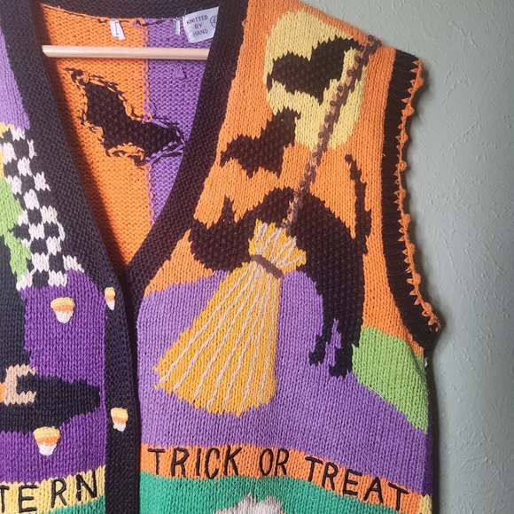 Vintage Halloween Sweater Vest XL Hand Knit Witchy Scarecrow Kitschy Teacher - Picture 5 of 11